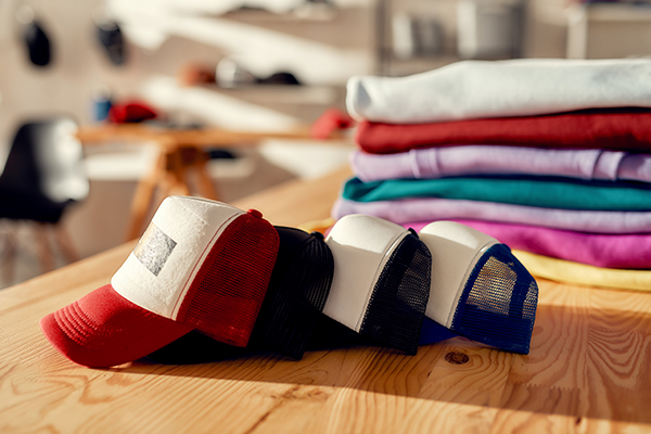 Hats and shirts on a wood table in an apparel workshop.